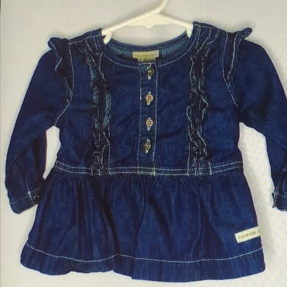 ⭐ Calvin Klein Jeans Baby Girl Infant Cotton Denim Long Sleeve Ruffle Dress 6-9M